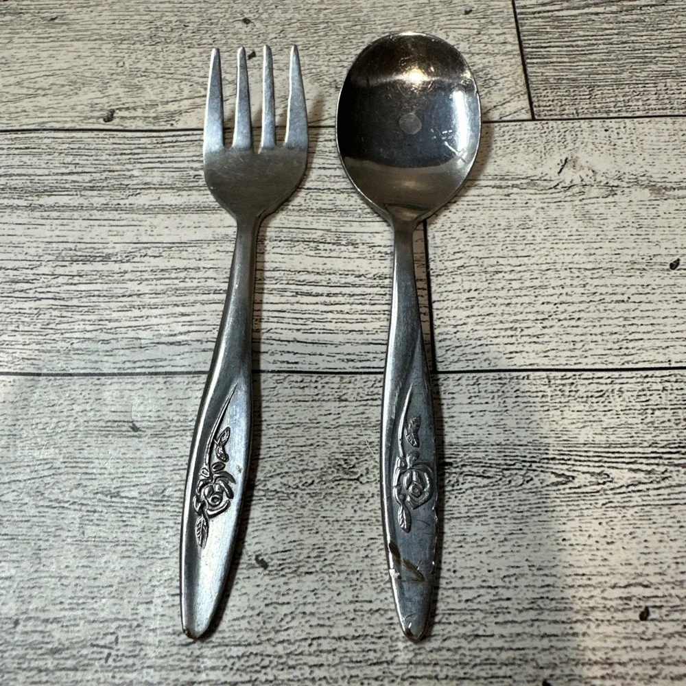 Oneida Rose Baby Fork & Spoon The First Years Flatware Stainless Steel Vintage
